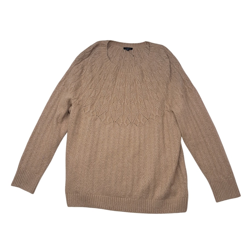 Talbots Sweater Womens Plus 2X Tan Metallic Pointelle Crewneck Christmas Winter